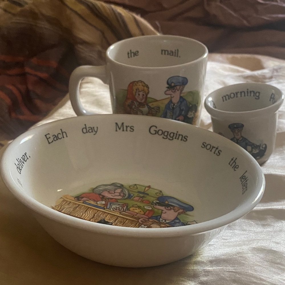 Charming Illustrated plate, Mug and Bowl and egg cup. Coal port vintage China.